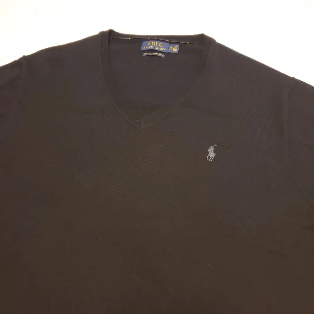 Polo Ralph Lauren Sweater Mens XXL Black V Neck Washable Merino Wool Pony Preppy